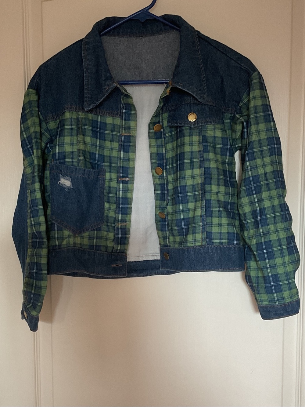 Old Navy Green & Blue Plaid Denim-Trim Kids Jacket